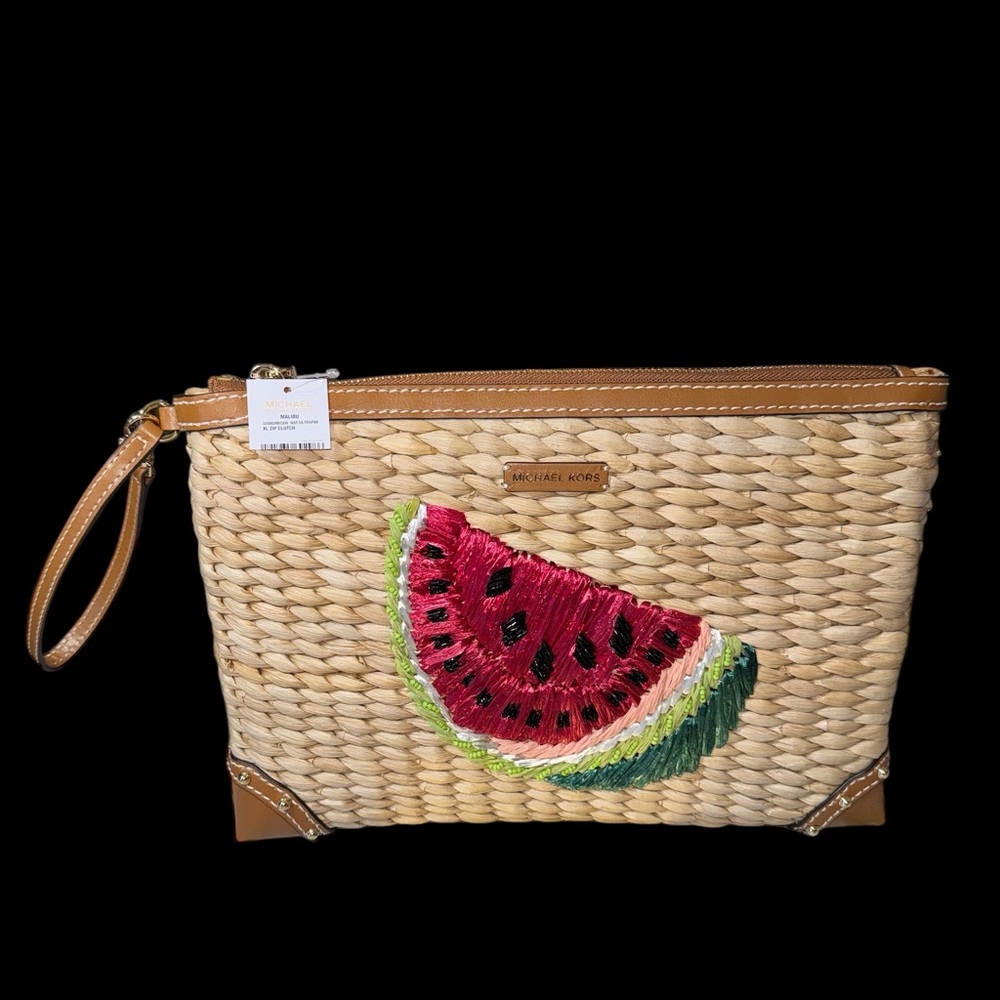 MICHAEL KORS MALIBU STRAW WATERMELON XL CLUTCH ZIP WRISTLET-$148+